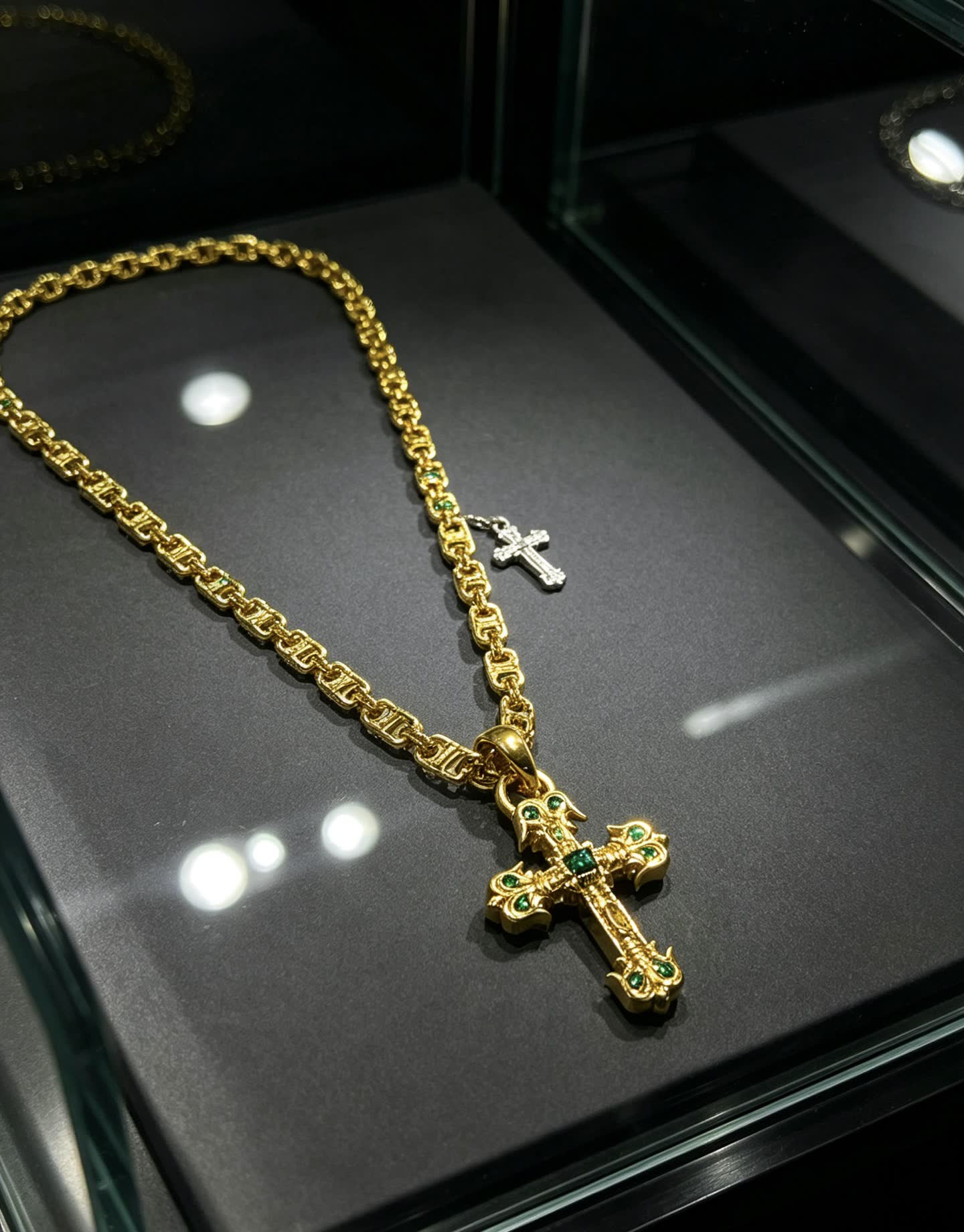 Chrome Hearts Gold-Plated Cross Pendant Necklace with Emerald Accents